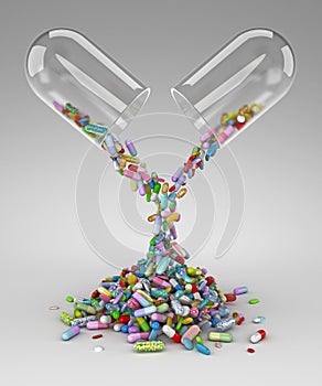 Large pill emptying a pile of colorful pills