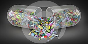Large pill emptying a pile of colorful pills