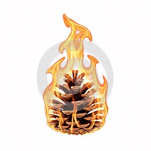 Large pine cone on fire, engulfed in bright flames