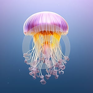 Large, pink jellyfish swimming in ocean. It is surrounded by blue water and appears to be floating or moving through it