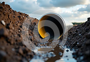 Large pipe lying in a trench with water pooling inside, under a cloudy sky