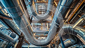 Large pipes and ventilation systems snaking up towards the ceiling photo