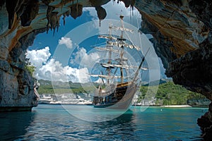 A large pirate ship, with sails unfurled, anchors in a tranquil Caribbean cove surrounded by lush greenery and a clear