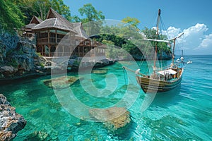 A large pirate ship, with sails unfurled, anchors in a tranquil Caribbean cove surrounded by lush greenery and a clear