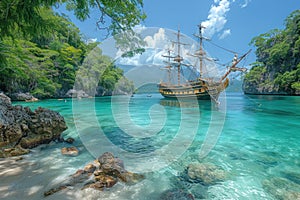 A large pirate ship, with sails unfurled, anchors in a tranquil Caribbean cove surrounded by lush greenery and a clear