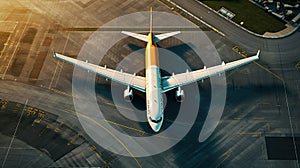 A large plane stands near the hangars on the runway. Top view of the plane