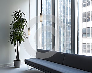 Large plant sits in a white pot on a table in front of a large window