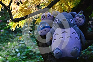 Large plush Totoro creature sitting on branch of autumn palmate maple tree with three small plush Totoros