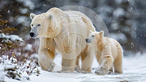 A large polar bear and cub walking through snow covered forest, AI