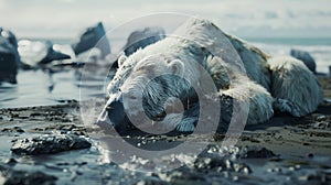 A large polar bear dies on the beach from an oil spill. Pollution near the seashore. Ecology. The scene is gloomy and sad