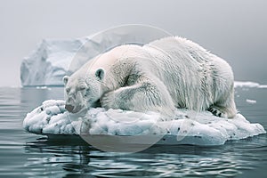 A large polar bear sleeps on a small piece of ice floating in the Arctic sea among icebergs. Concern about climate change