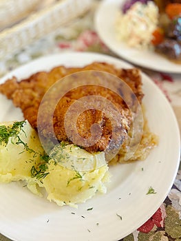large pork chop, breading on the cutlet, mashed potatoes, lunch dish, typical Polish dinner, potato pancakes with goulash photo