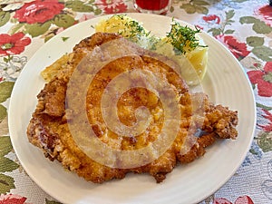 large pork chop, breading on the cutlet, mashed potatoes, typical Polish dinner photo