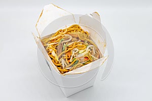 Large Portion of Pork Lo Mein in a White Chinese Takeout Box