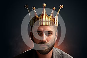 Large portrait of a bearded man with a gold crown on his head, a king. 3D illustration, 3D rendering