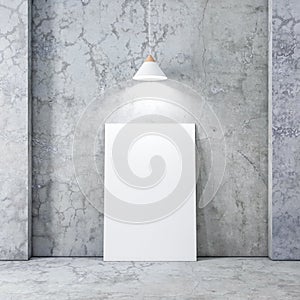 Large Poster or Canvas Mockup in empty interior with concrete wall and floor, white modern lamp above the picture
