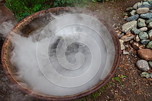 A large pot or pan over a fire while preparing a potion or meal, evaporating a large amount of steam while boiling water. Mystical