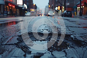 A large pothole in a road. Damage to the street surface