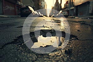 A large pothole in a road. Damage to the street surface