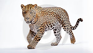 A large and powerful leopard with a thick coat of fur, and a long tail with white background