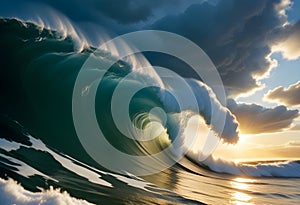 A large, powerful ocean wave with a curling barrel shape, backlit by the sun creating a warm