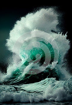 A large powerful wave rages in the ocean amidst a storm. AI generated