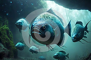 Large predatory piranhas floating on river rocky bottom