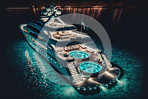 A large private luxurious modern private super yacht a swimming pool and a jacuzzi, Generative AI