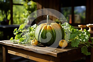 Large pumpkin and two small pumpkins outdoors on wooden table under the sun. Concept: harvest, Thanksgiving, Halloween, decor.