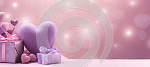 Large purple heart and gifts with pink bows on a dreamy pink background with bokeh lights. Perfect for Valentines Day