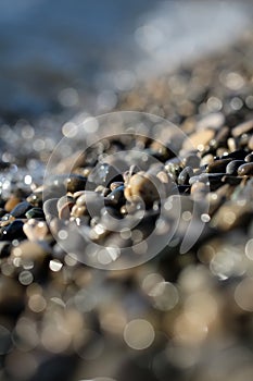 Large quantities of wet pebbles