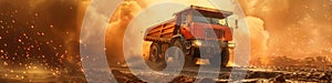 Large quarry dump truck. Big yellow mining truck at work site. Loading coal into body truck. Production useful minerals