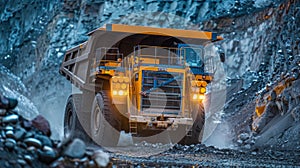 Large quarry dump truck. Big yellow mining truck at work site. Loading coal into body truck. Production useful minerals