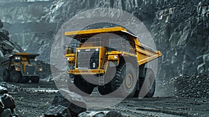 Large quarry dump truck. Big yellow mining truck at work site. Loading coal into body truck. Production useful minerals