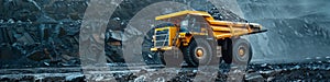 Large quarry dump truck. Big yellow mining truck at work site. Loading coal into body truck. Production useful minerals