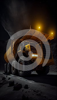 Large quarry dump truck in coal mine. Mining equipment for the transportation of minerals.