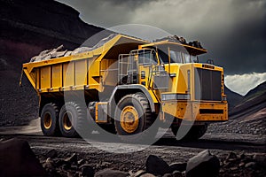 Large quarry dump truck in coal mine. Mining equipment for the transportation of minerals.