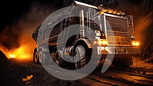 Large quarry dump truck in coal mine at night. Loading coal into body work truck. Generative Ai