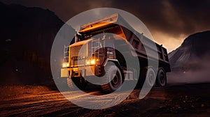 Large quarry dump truck in coal mine at night. Loading coal into body work truck. Generative Ai