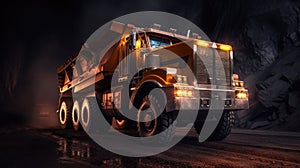 Large quarry dump truck in coal mine at night. Loading coal into body work truck. Generative Ai