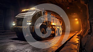 Large quarry dump truck in coal mine at night. Loading coal into body work truck. Generative Ai