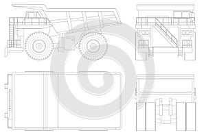 Large quarry dump truck template in outline on white background. Equipment for the high-mining industry. View front