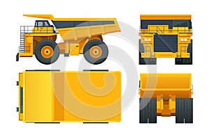Large quarry dump truck template on white background. Equipment for the high-mining industry. View front, rear, side and
