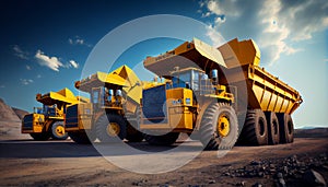 Large quarry dump trucks in coal mine. Mining equipment for the transportation of minerals.