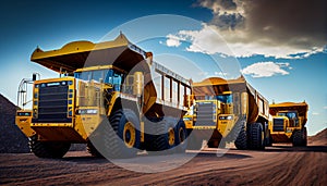 Large quarry dump trucks in coal mine. Mining equipment for the transportation of minerals.