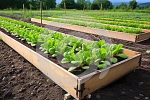 large raised wooden bed containing rows of radishes