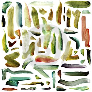 Large raster illustration with green-yellow, mint and grass green bright brush watercolor strokes isolated on white