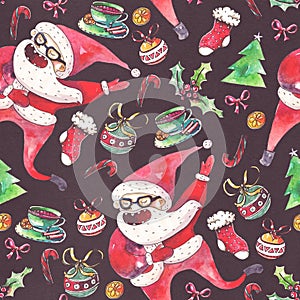Large raster seamless pattern with dancing santa, christmas tree and holiday accessories drawn with watercolor on black paper.