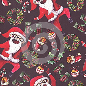 Large raster seamless pattern with dancing santa, christmas wreath and holiday accessories drawn with watercolor on black textured