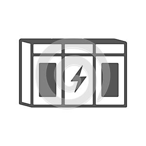 Large rechargeable lithium-ion battery energy storage for renewable power stations. Grid backup system outline icon